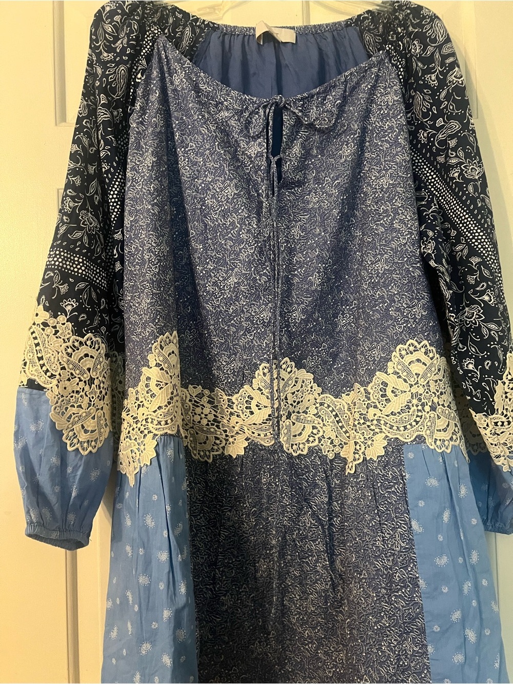 Loft Blue Boho Lace Trim Peasant mini Dress cottage poplin balloon sleeve L cos - Picture 5 of 13